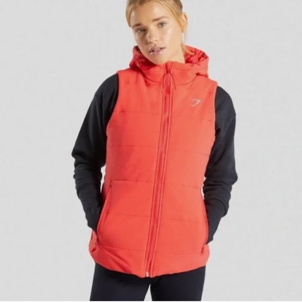 GymShark Hooded Puffer Zip Up Vest in “Pop Red.” Woman's Size S. Like New.